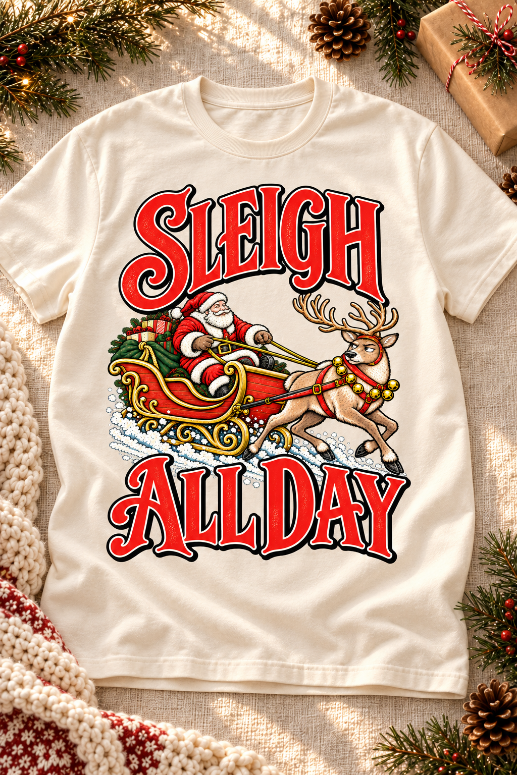 Sleigh All Day design on an Off White T-shirt, styled on a warm seasonal background.