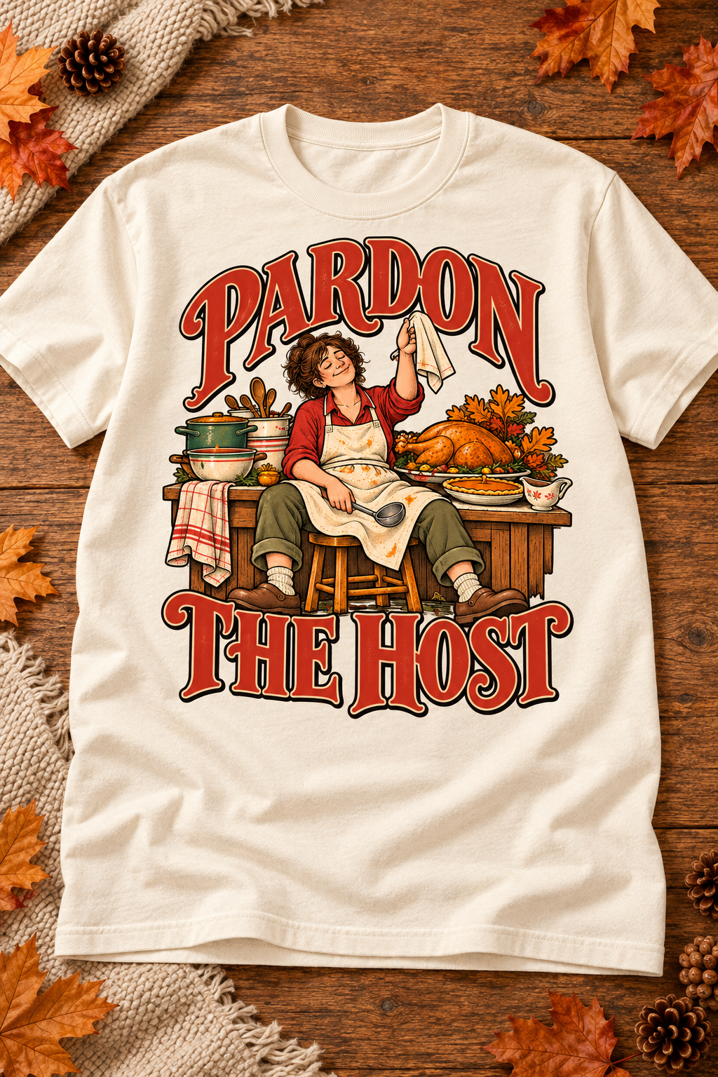 Pardon the Host design on an Off White T-shirt, styled on a warm seasonal background.