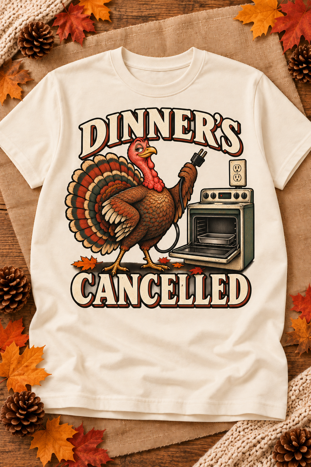 Dinner's Cancelled design on an Off White T-shirt, styled on a warm seasonal background.