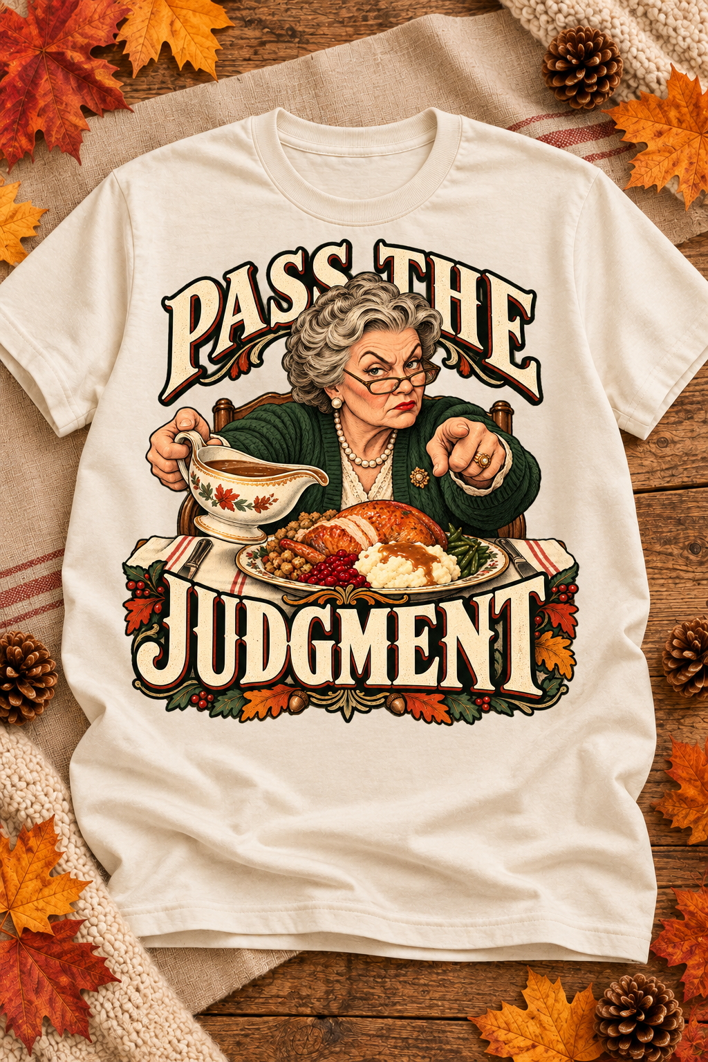 Pass the Judgment design on an Off White T-shirt, styled on a warm seasonal background.