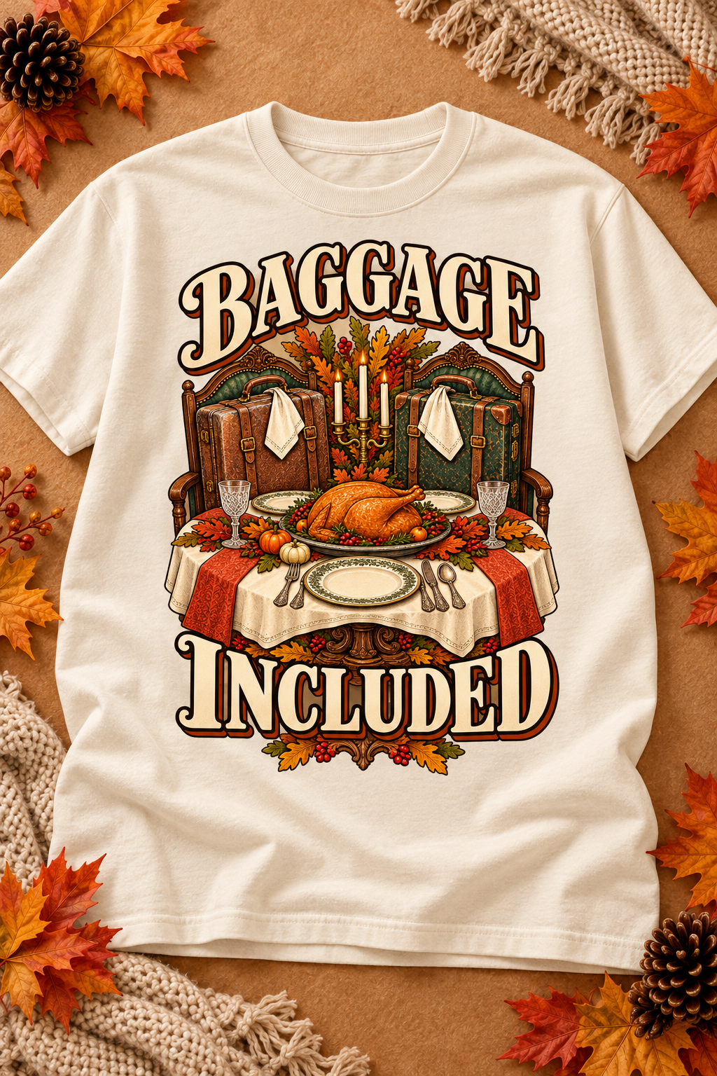 Baggage Included design on an Off White T-shirt, styled on a warm seasonal background.