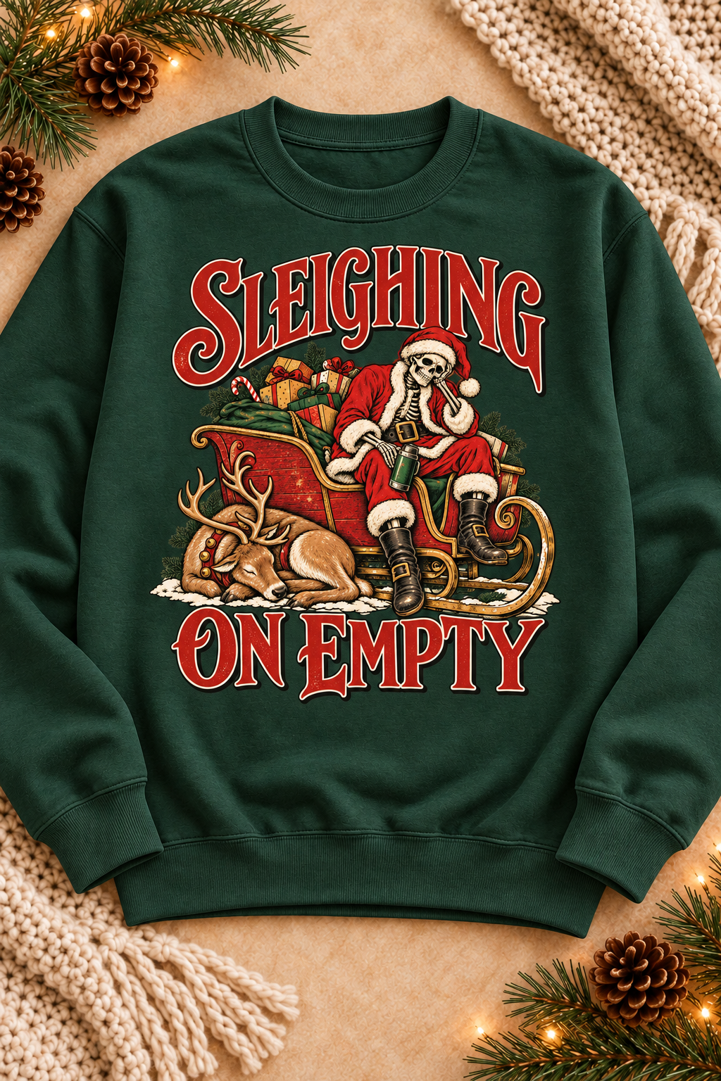 Sleighing on Empty on a Forest G18000 crewneck sweatshirt in the original seasonal styling.