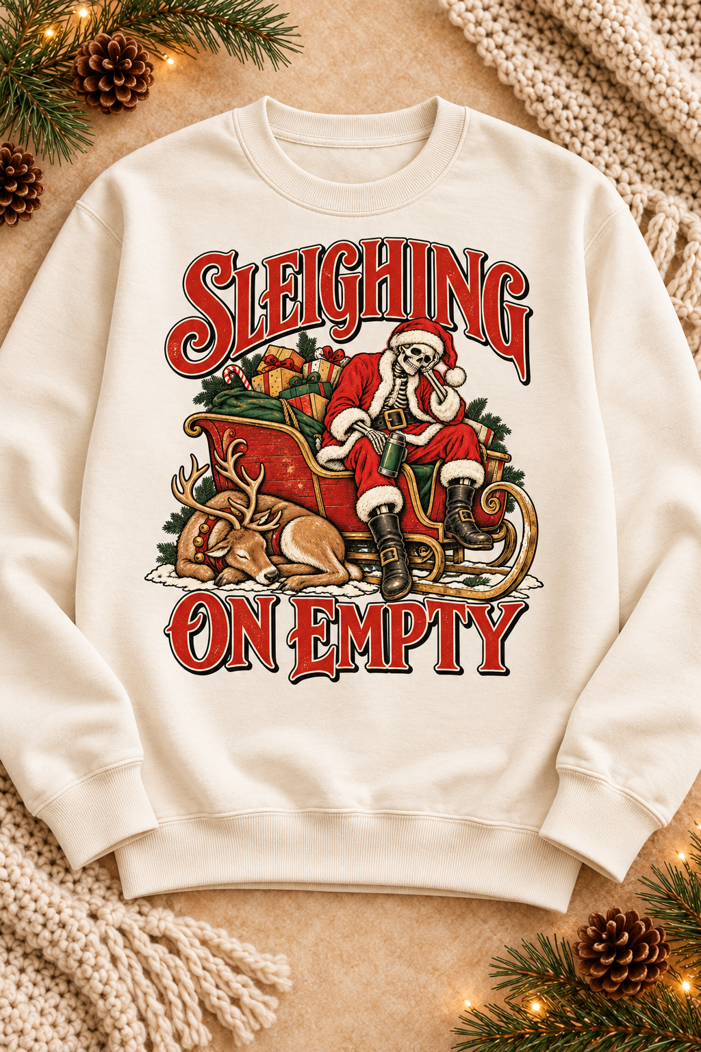 Sleighing on Empty on a warm cream Pigment Ivory sweatshirt in the original seasonal styling.