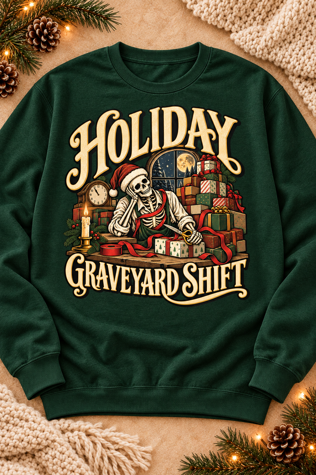 Holiday Graveyard Shift on a Forest crewneck sweatshirt in warm seasonal styling.