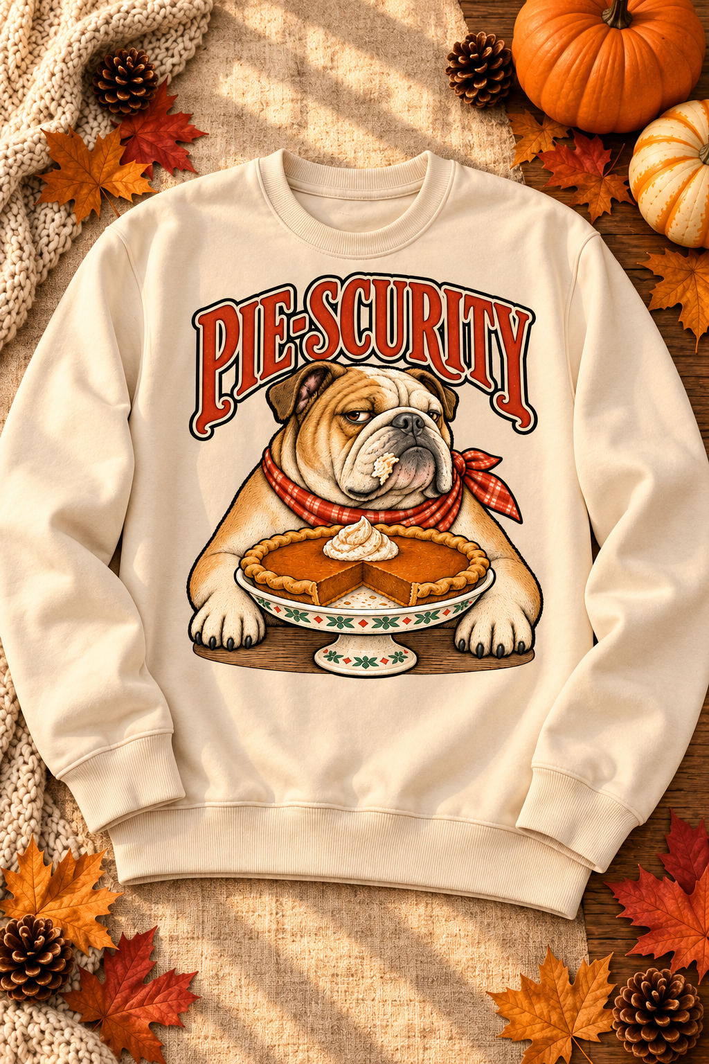 Pie-Scurity on a warm cream Pigment Ivory sweatshirt in the original seasonal styling.