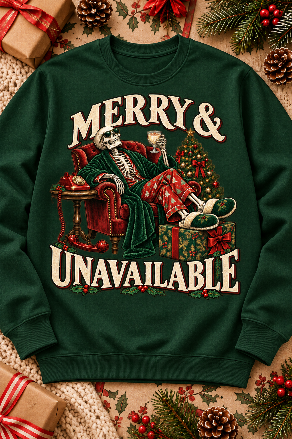 Merry & Unavailable on a Forest crewneck sweatshirt with the original seasonal styling.