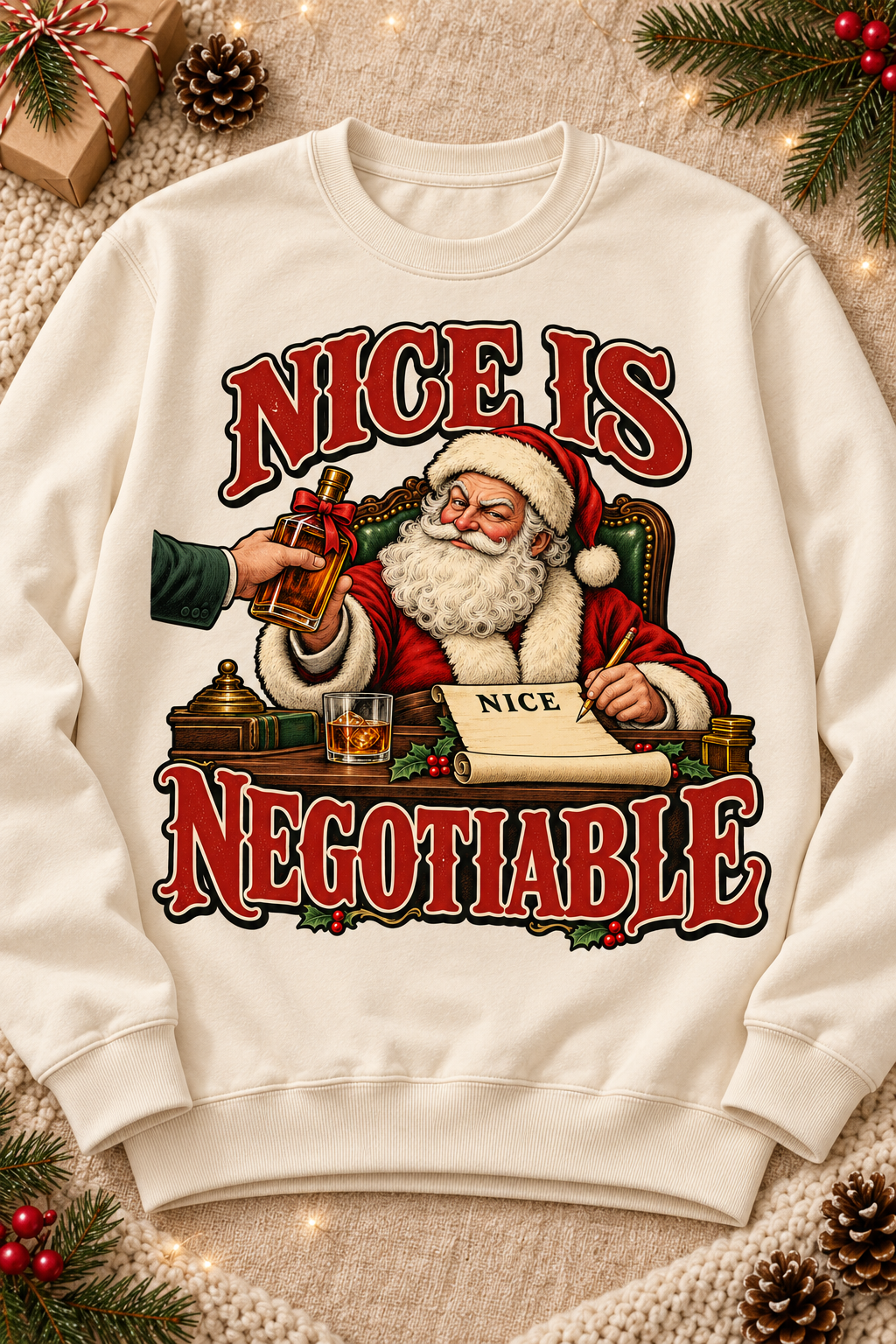 Nice Is Negotiable on a warm cream Pigment Ivory sweatshirt in the original seasonal styling.