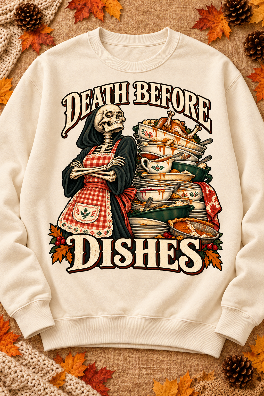 Death Before Dishes on a warm cream Pigment Ivory sweatshirt in the original seasonal styling.