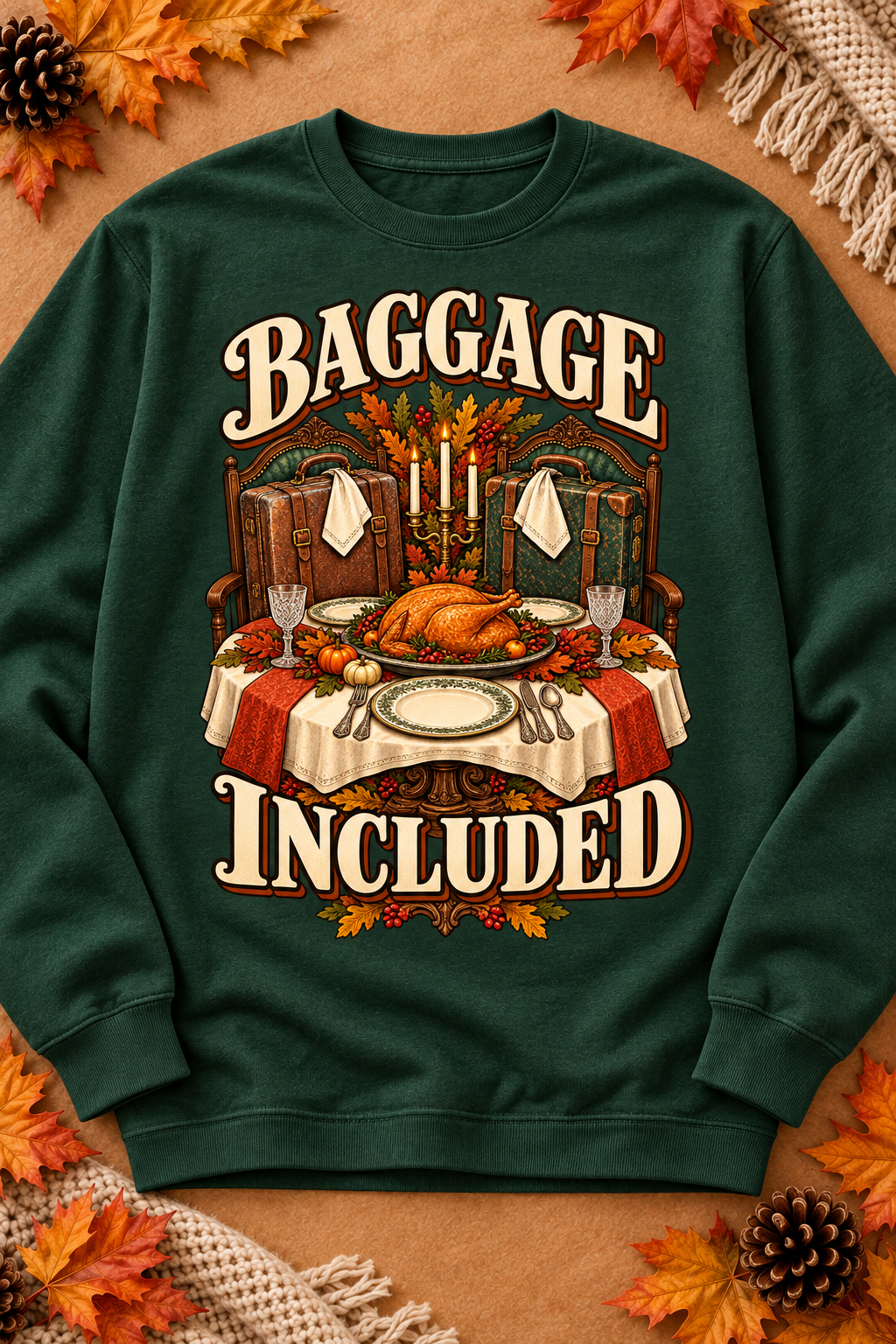 Baggage Included on a Forest crewneck sweatshirt with the original seasonal styling.