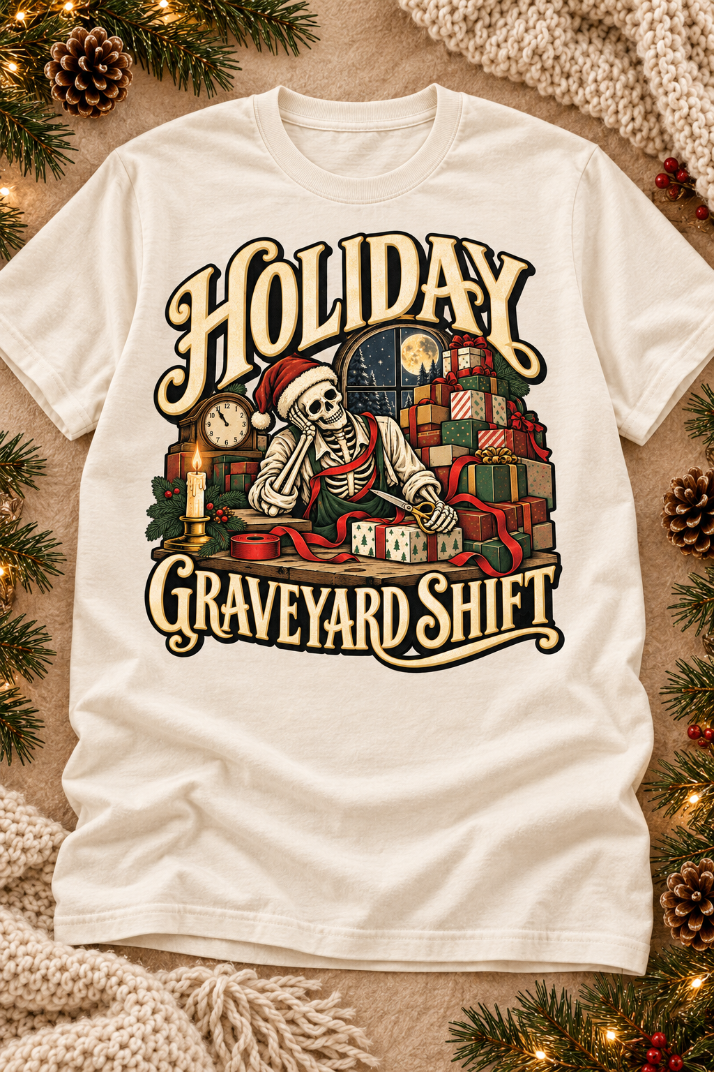 Holiday Graveyard Shift design on an Off White T-shirt, styled on a warm seasonal background.