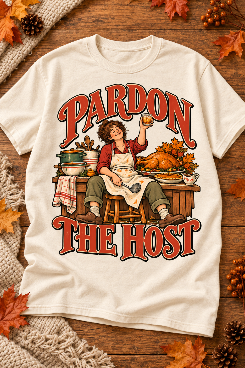 Pardon the Host — Drink Option design on an Off White T-shirt, styled on a warm seasonal background.