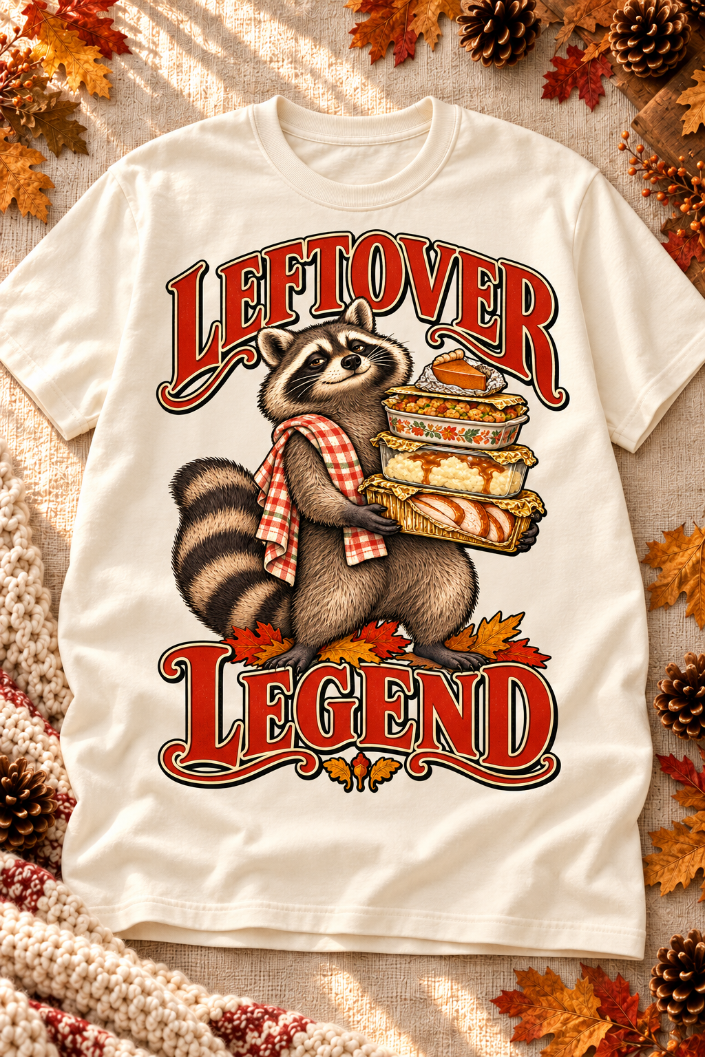 Leftover Legend design on an Off White T-shirt, styled on a warm seasonal background.