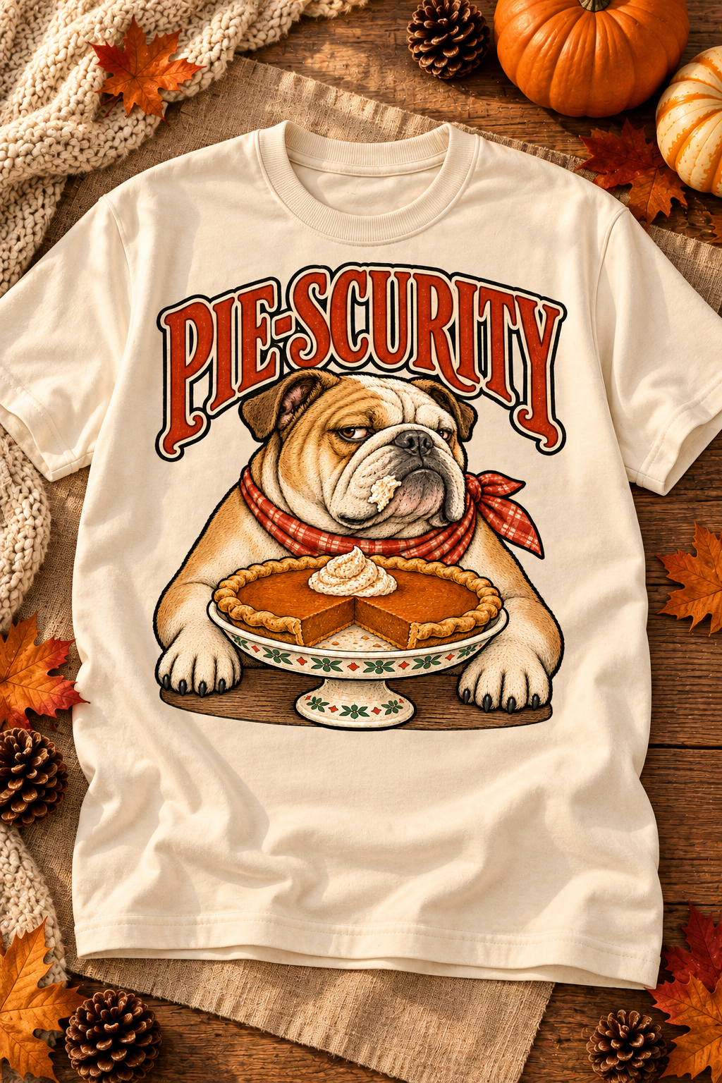 Pie-scurity design on an Off White T-shirt, styled on a warm seasonal background.