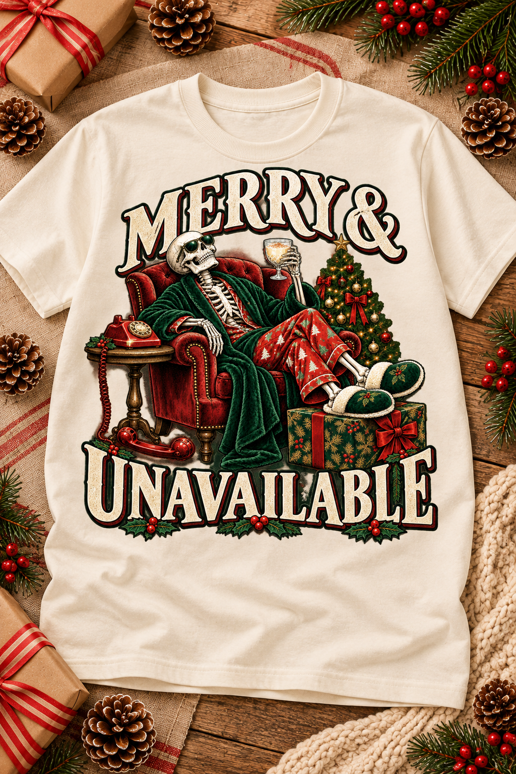 Merry & Unavailable design on an Off White T-shirt, styled on a warm seasonal background.