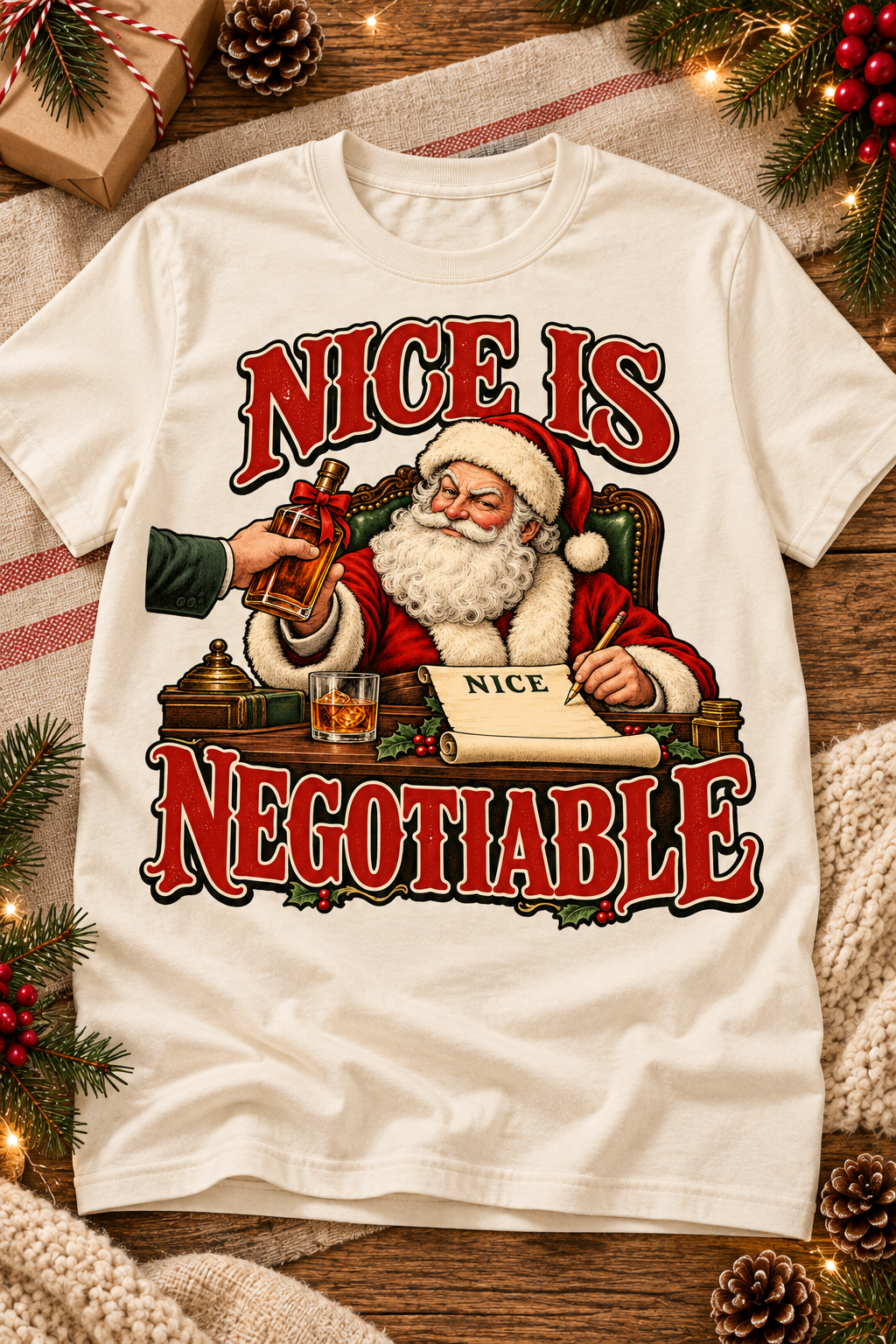 Nice Is Negotiable design on an Off White T-shirt, styled on a warm seasonal background.