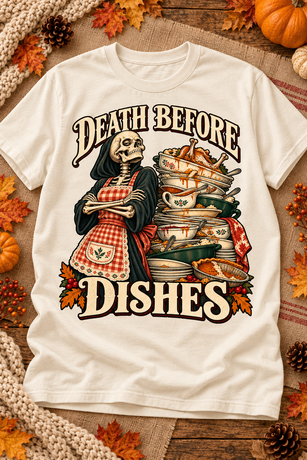 Death Before Dishes design on an Off White T-shirt, styled on a warm seasonal background.