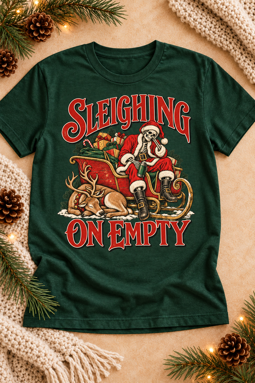 Sleighing on Empty on a Forest Green T-shirt, styled to match the original paired rendering.