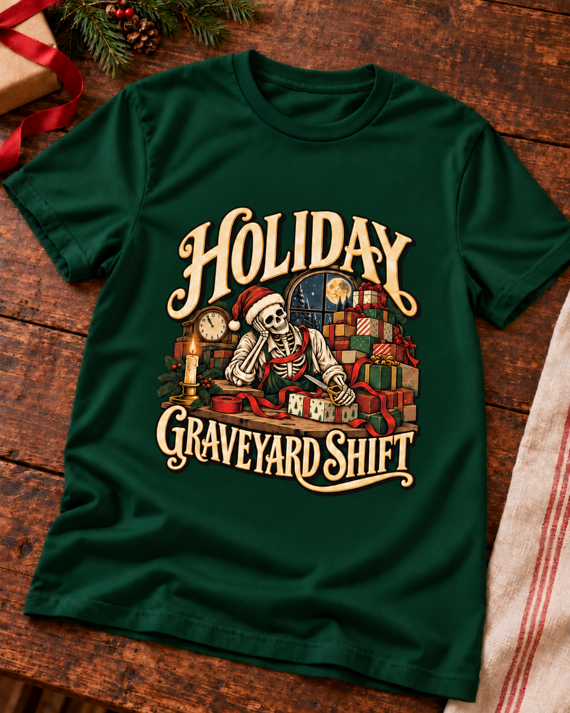 Generated styling preview: Holiday Graveyard Shift design on a Forest Green T-shirt, styled with holiday wrapping and warm wood