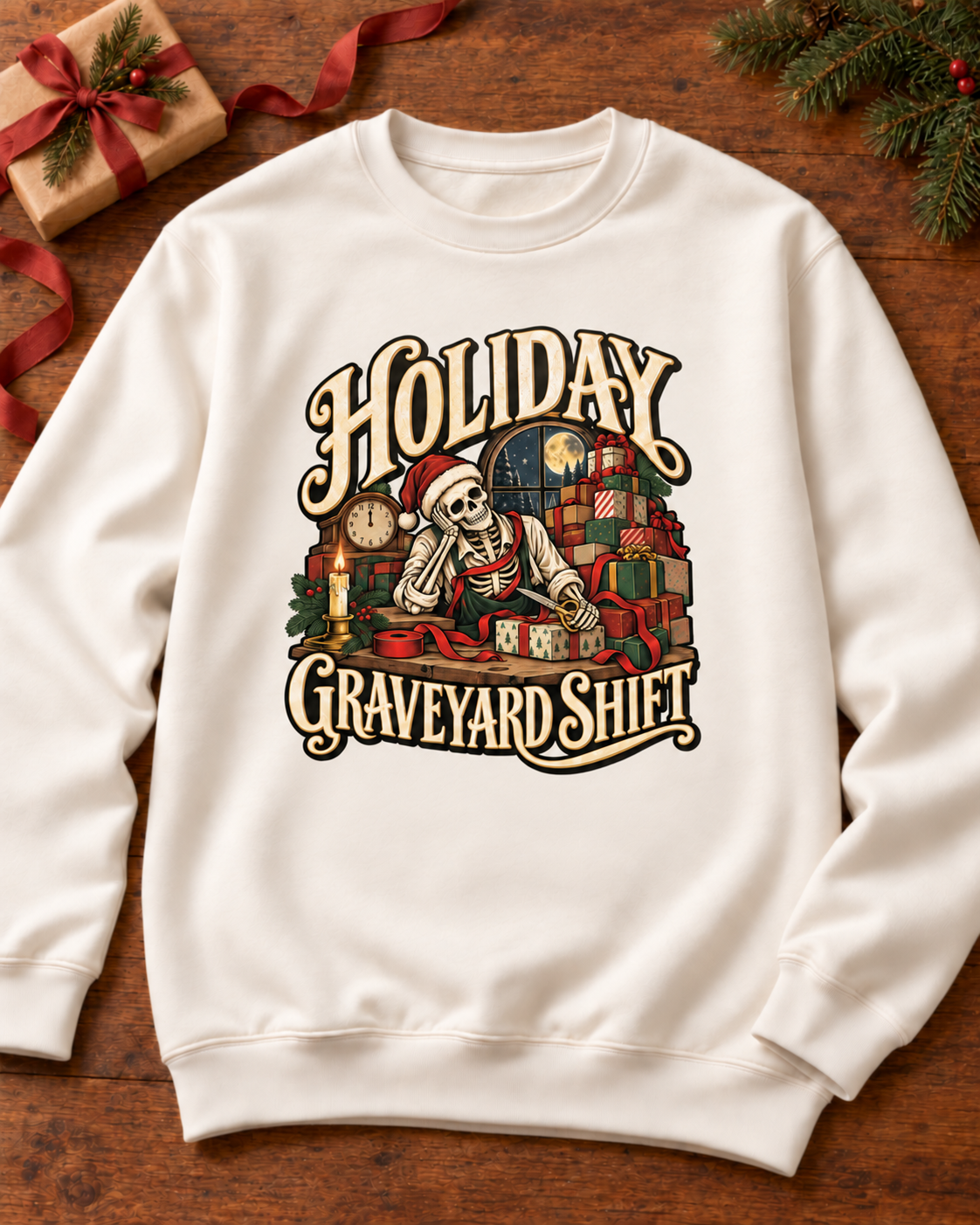 Generated styling preview: Holiday Graveyard Shift design on a Pigment Ivory crewneck sweatshirt in a festive warm setting