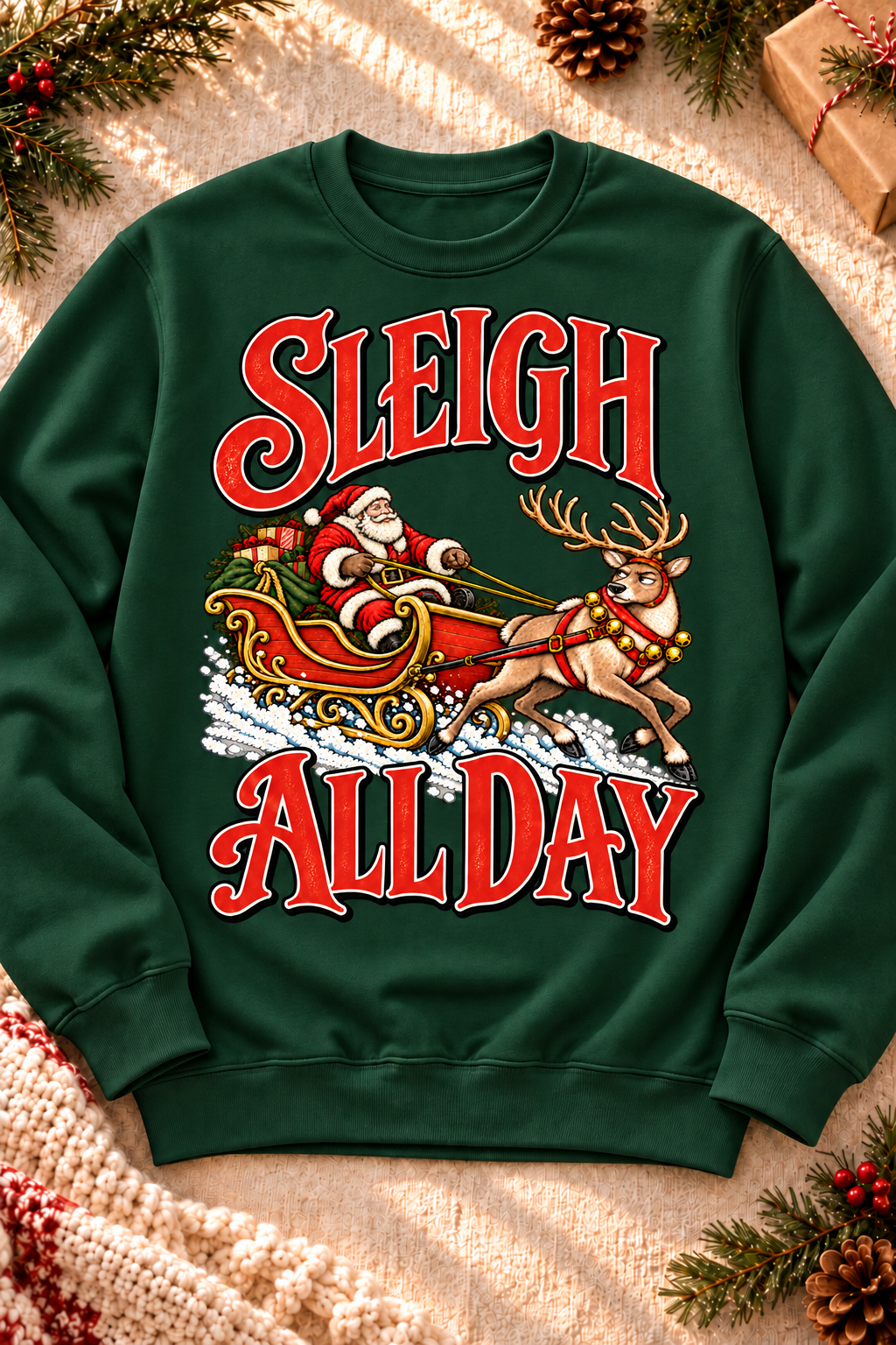 Sleigh All Day on a Forest crewneck sweatshirt in warm Christmas styling.