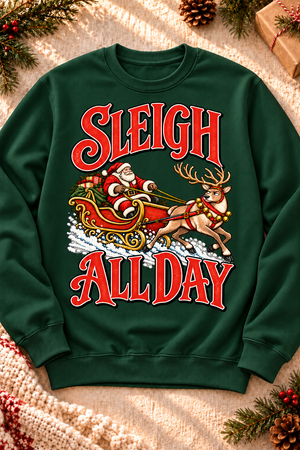 Sleigh All Day on a Forest crewneck sweatshirt in warm Christmas styling.