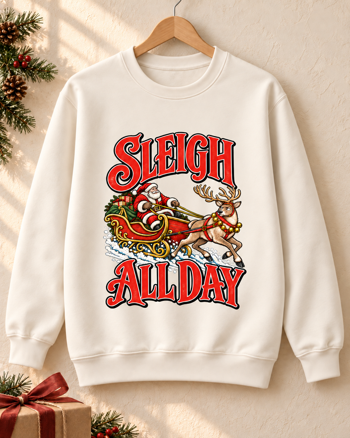 Sleigh All Day design on a Pigment Ivory crewneck sweatshirt in a warm festive setting