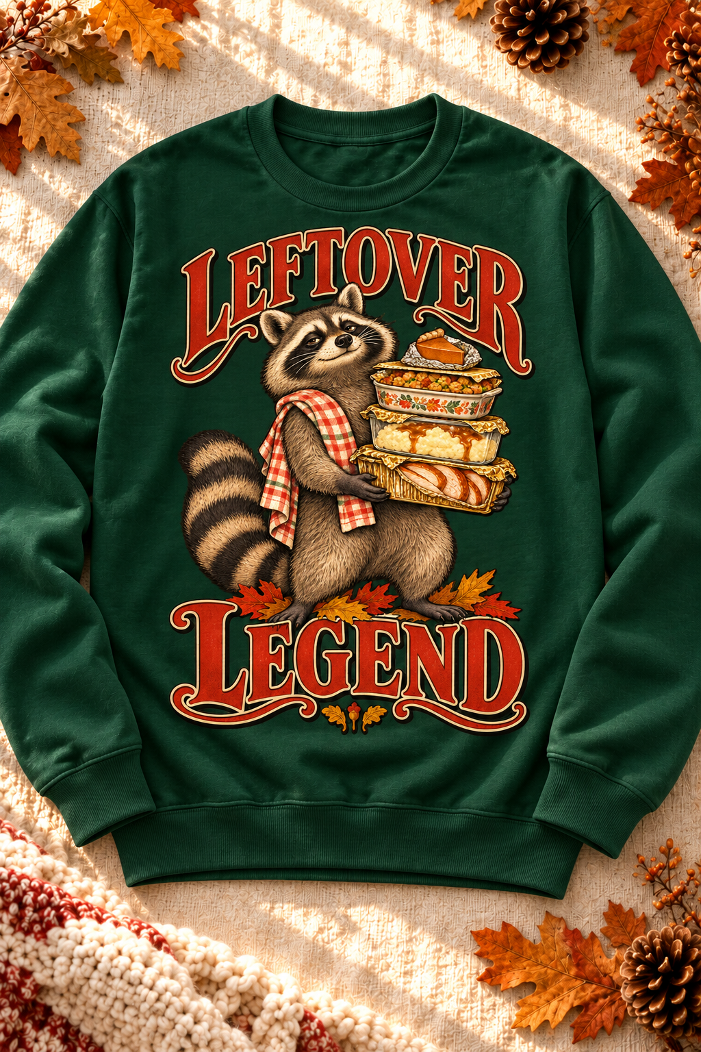 Leftover Legend on a Forest crewneck sweatshirt with the original seasonal styling.