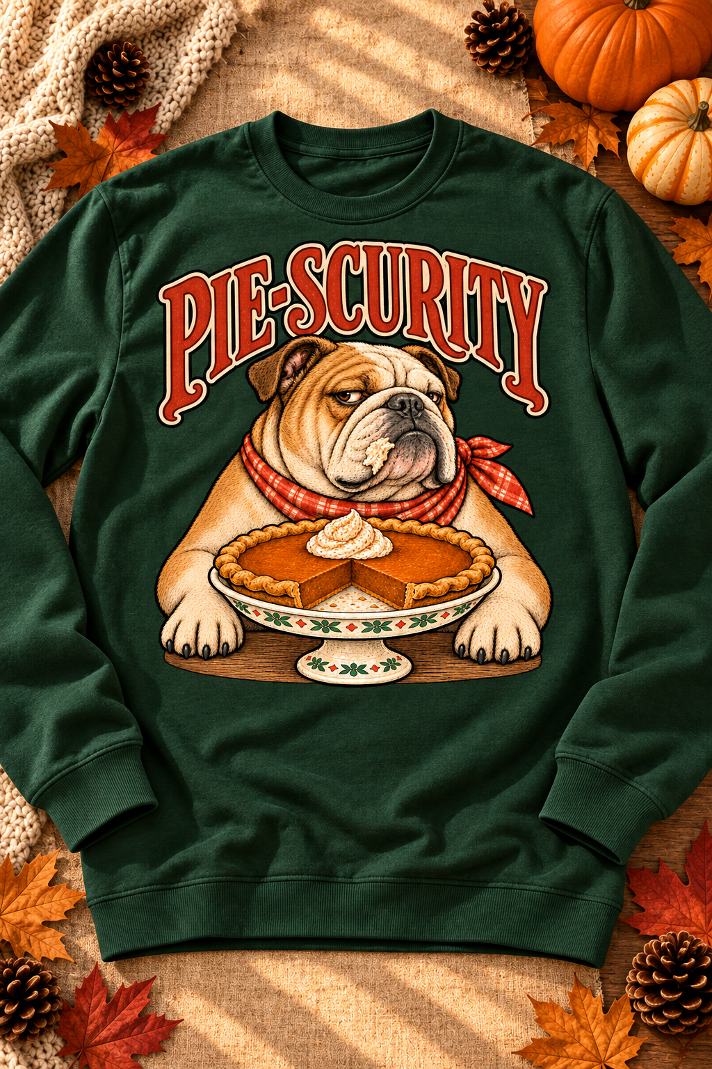 Pie-scurity on a Forest crewneck sweatshirt with the original seasonal styling.
