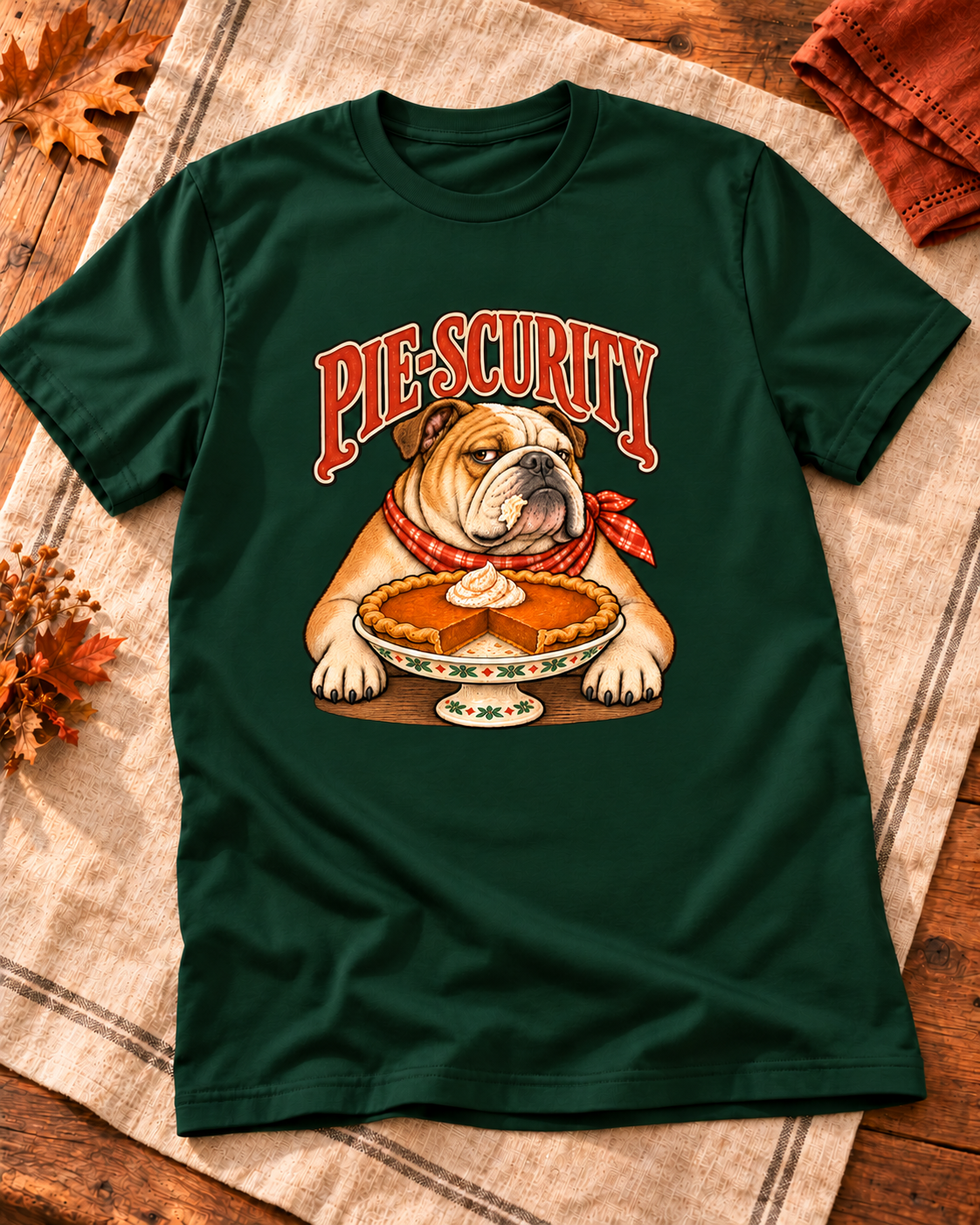 Pie-scurity design on a Forest Green T-shirt, styled with autumn leaves and cream fabric