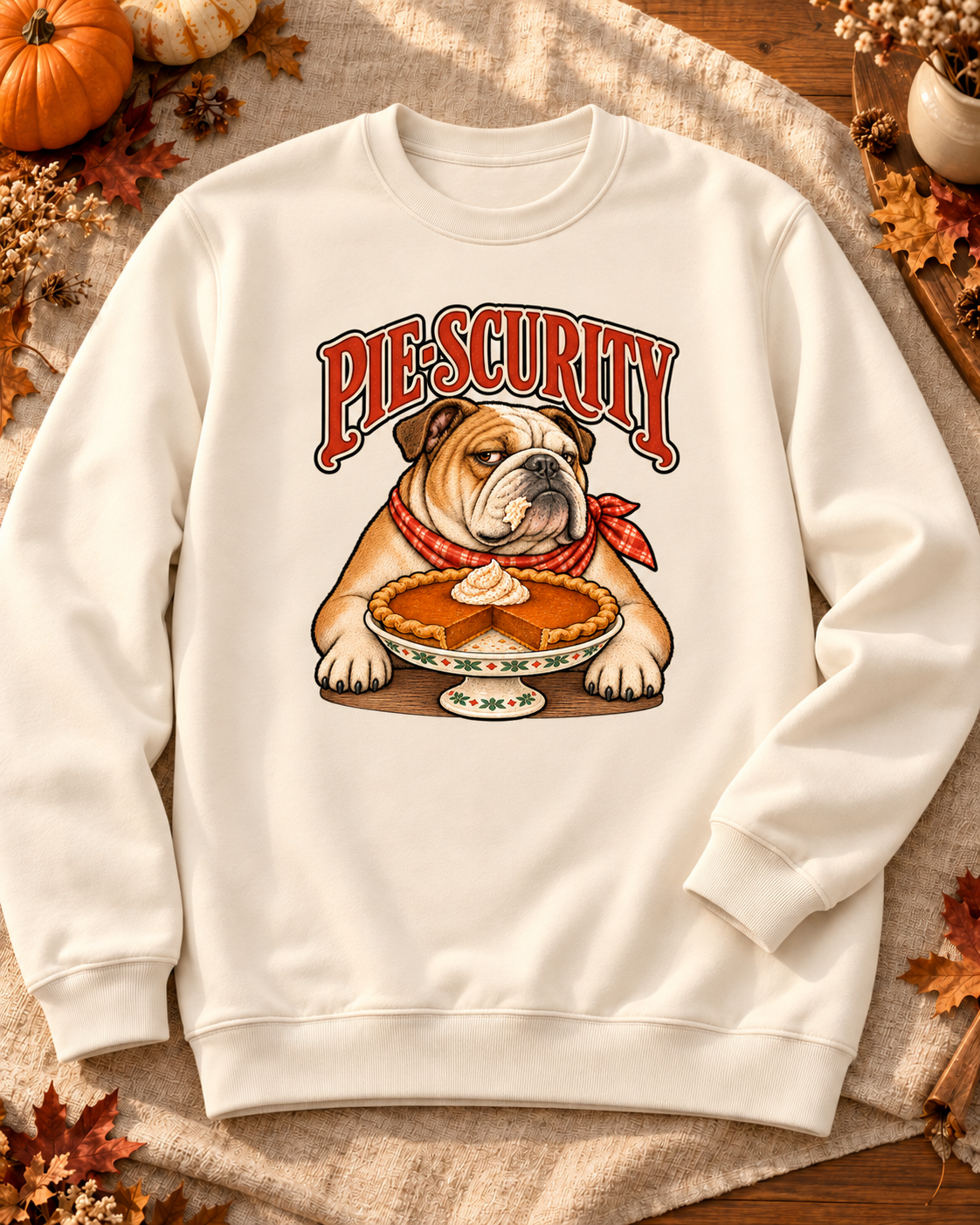 Pie-scurity design on a Pigment Ivory crewneck sweatshirt, styled with warm autumn textures