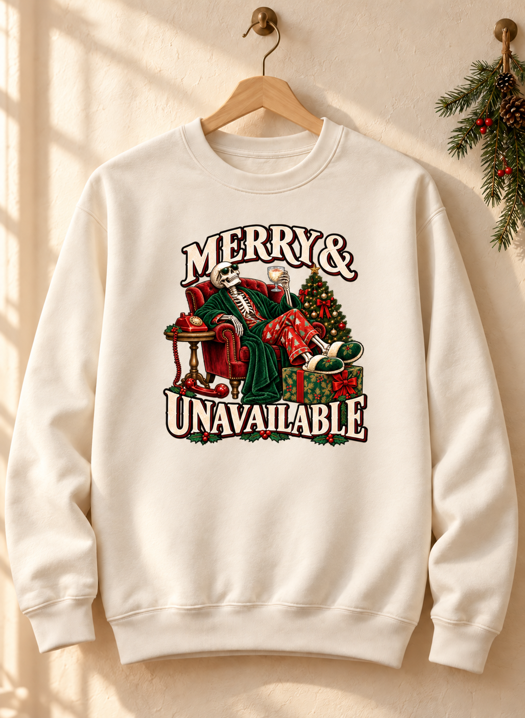 Generated styling preview: Merry and Unavailable design on a Pigment Ivory crewneck sweatshirt, hanging against a warm cream wall