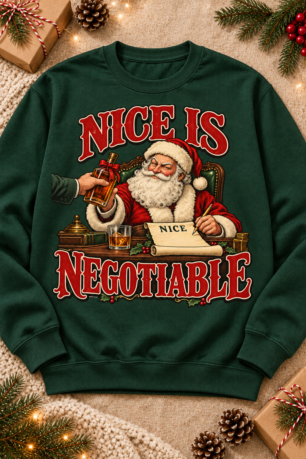 Nice Is Negotiable on a Forest crewneck sweatshirt with the original seasonal styling.