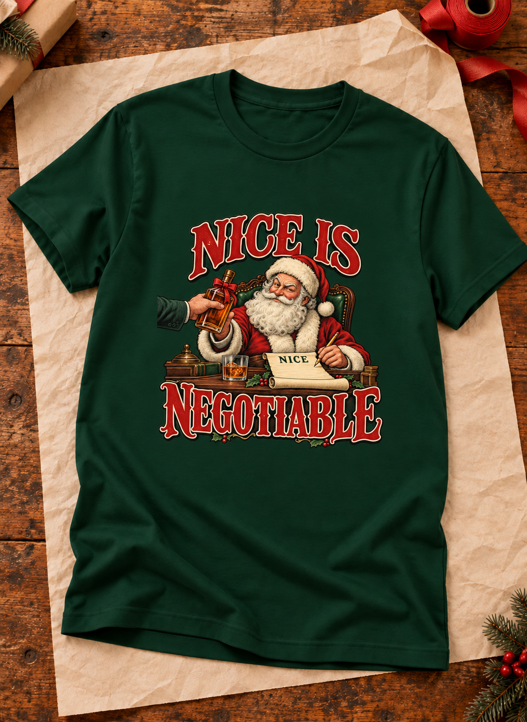 Generated styling preview: Nice Is Negotiable design on a Forest Green T-shirt, styled with kraft paper and evergreen