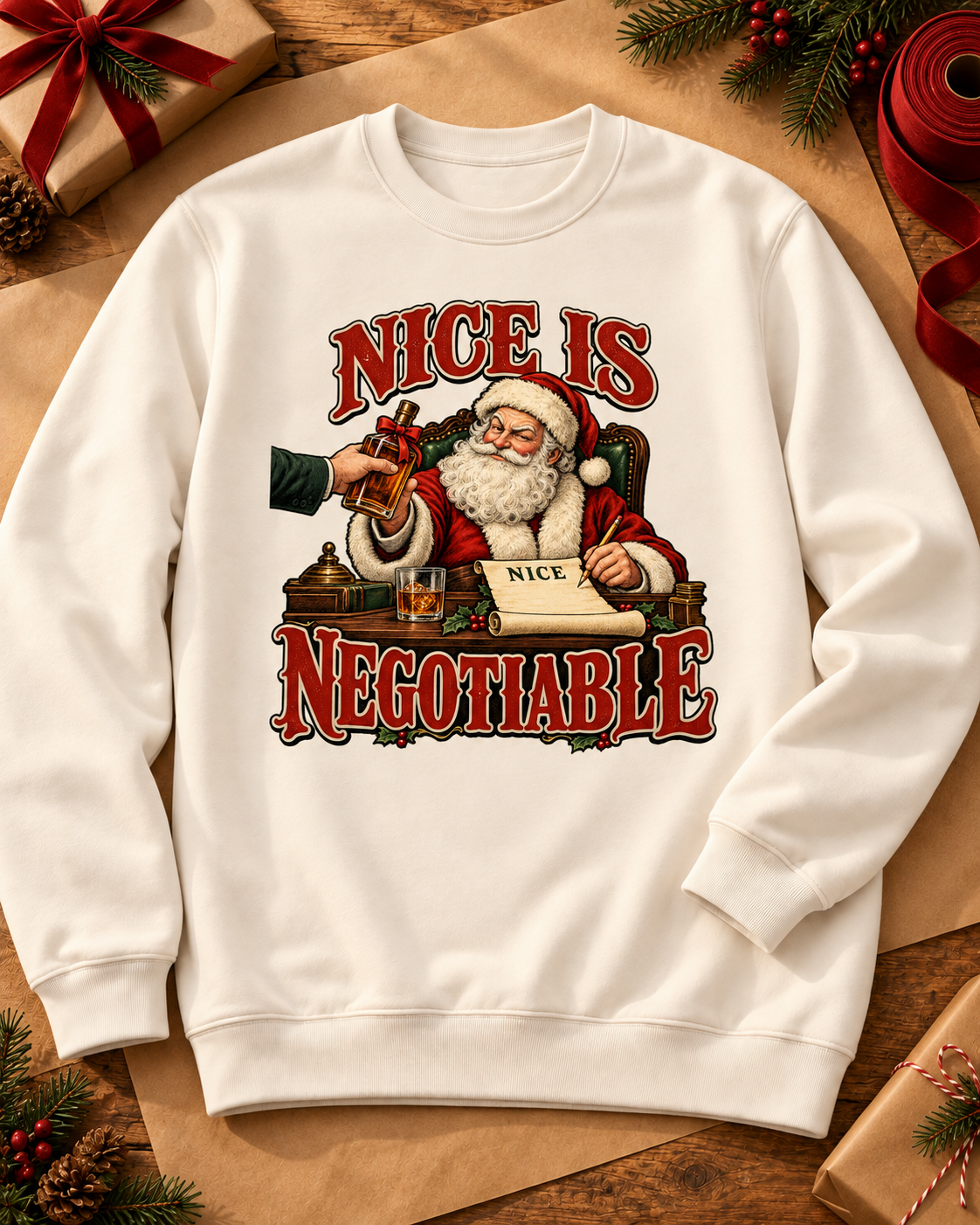 Generated styling preview: Nice Is Negotiable design on a Pigment Ivory crewneck sweatshirt, styled with kraft paper and evergreen