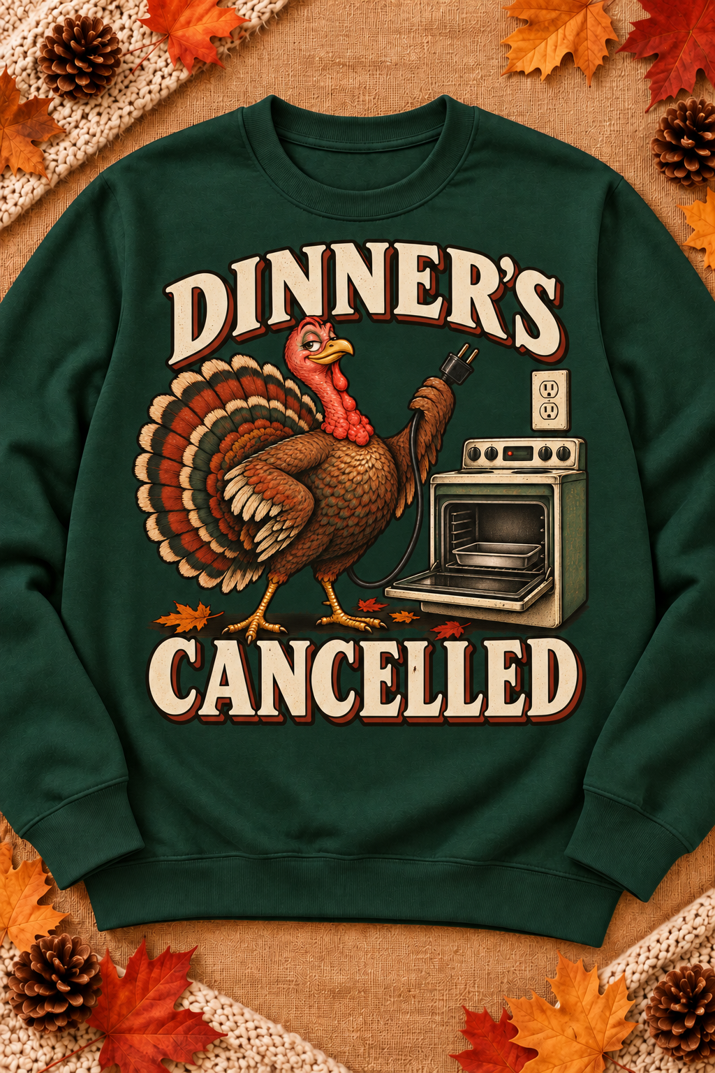 Dinner's Cancelled on a Forest crewneck sweatshirt with the original seasonal styling.