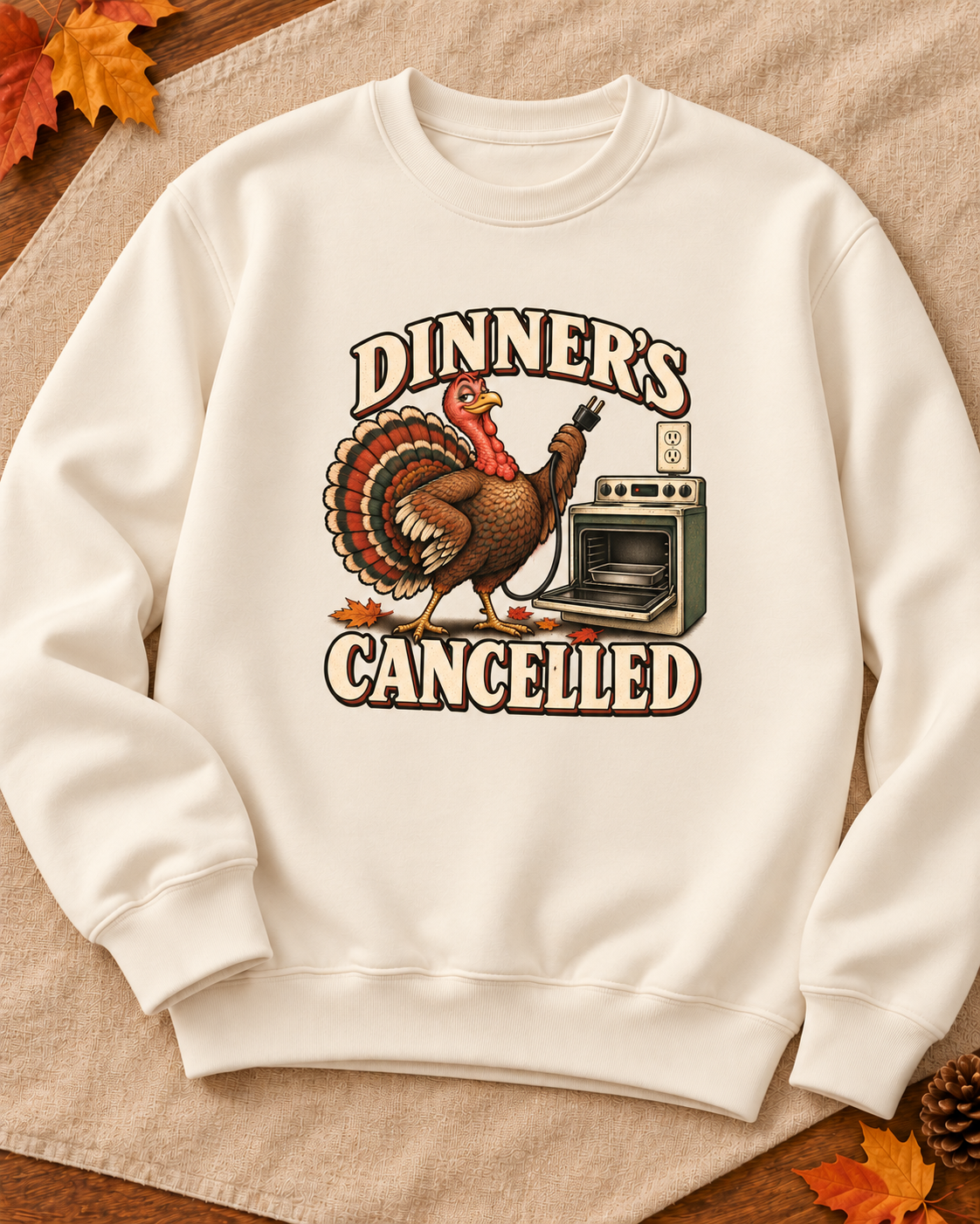 Dinner's Cancelled design on a Pigment Ivory crewneck sweatshirt, styled on warm cream fabric