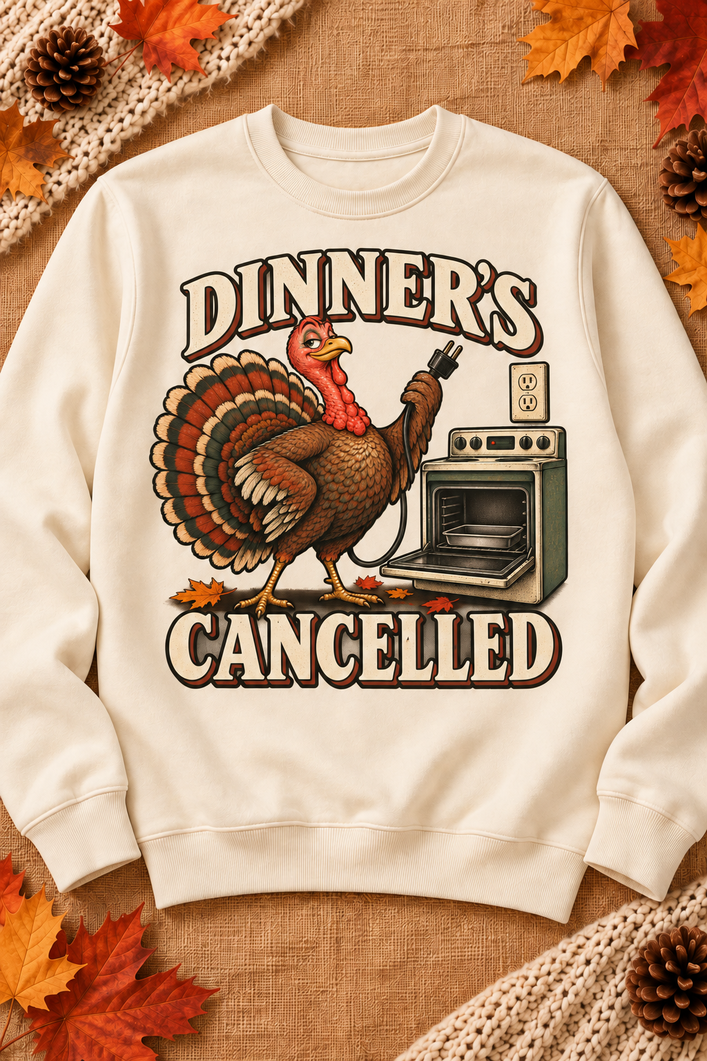 Dinner's Cancelled on a warm Pigment Ivory sweatshirt, styled on linen with seasonal details.