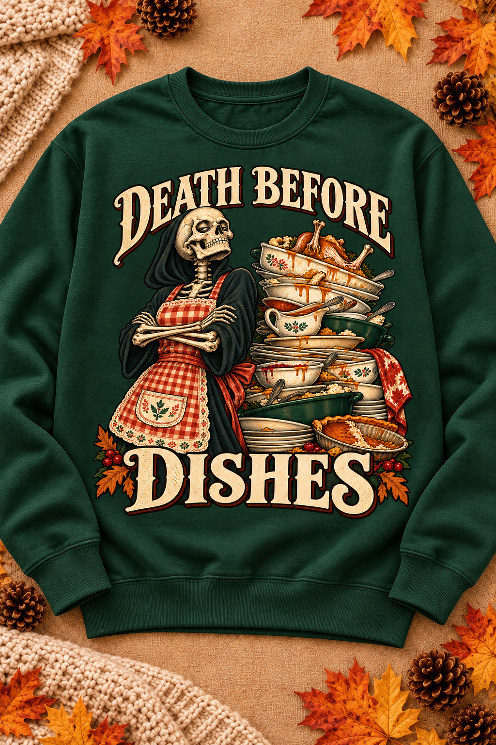 Death Before Dishes on a Forest crewneck sweatshirt with the original seasonal styling.