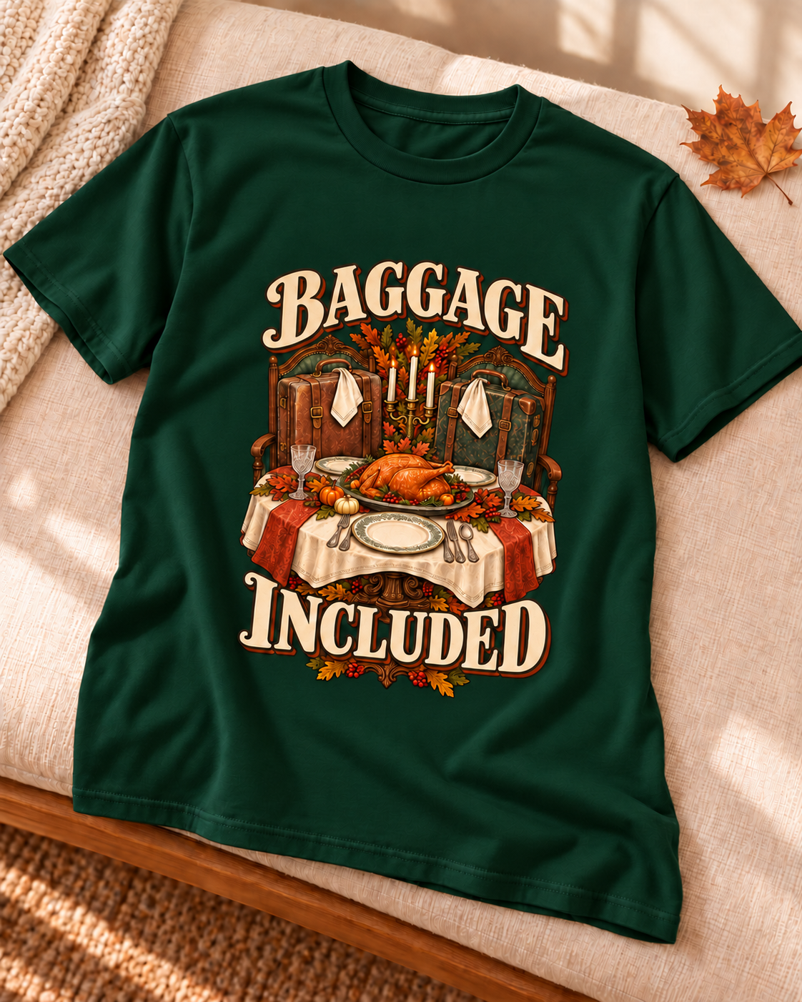 Baggage Included design on a Forest Green T-shirt, styled on a warm linen chair