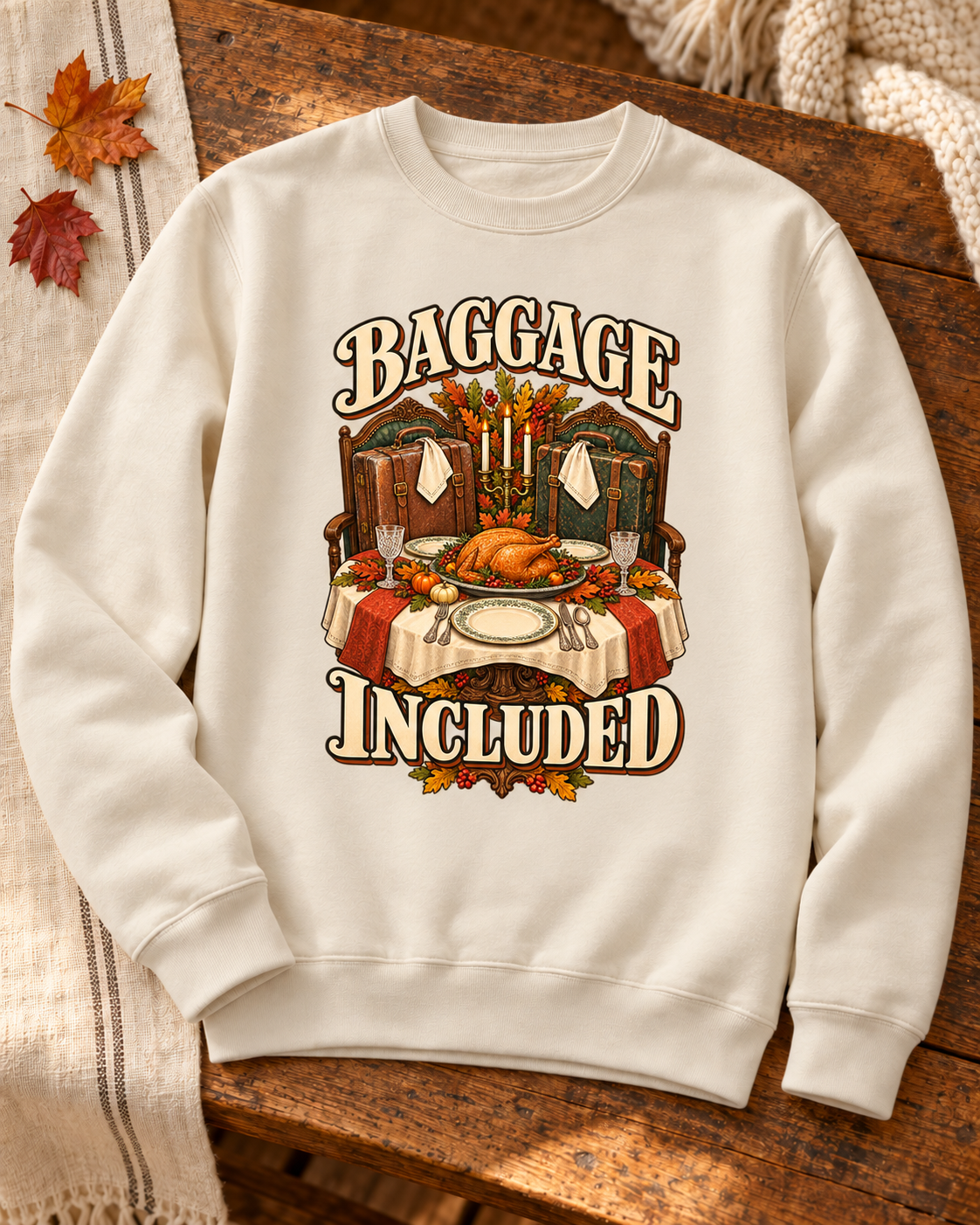 Baggage Included design on a Pigment Ivory crewneck sweatshirt, styled with warm wood and autumn leaves